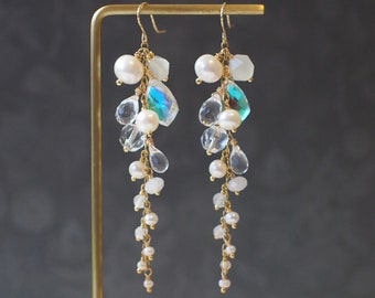 Multi Stones Dangle Earrings // White Theme // Dangling Style // Gems Cluster // Sparkly & Graceful // 14K Gold-filled // Bridal