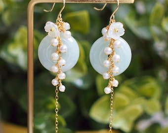 Type A Burmese Jade Donut Earrings // Pearl Cluster // Mother of Pearl Flower // 14K Gold-filled // Elegant and Sweet