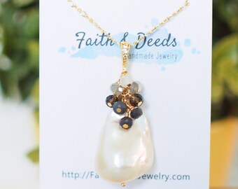 Baroque Pearl x Gem Cluster Pendant // Flameball Pearl // Long Statement Necklace // Sophisticated & Sexy // 14K Gold-filled