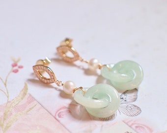 Type A Burmese Jade Ring Earrings // Fresh Water Pearls // 14K Gold-filled