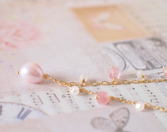 Pink Baroque Pearl Necklace // Gem Charms // Strawberry Quartz x Sunstones x Moonstones // 14K Gold-filled