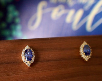 Blue Spinel Earrings // Halo Setting // Cubic Zirconia // 14K Yellow Gold Plated Over Silver