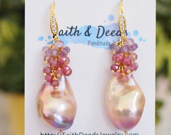 Rainbow Baroque Pearl Earrings // Gems Cluster // Flameball Pearls // Pink Gem Cluster // 14K Gold-filled