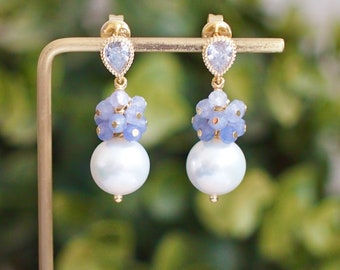 Fresh Water Pearl Earrings // Gem Cluster // Tanzanite // 14K Gold-filled