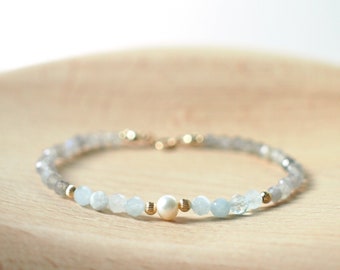 Aquamarine x Labradorite Bracelet // Pearl Charm // Dainty // 14K Gold-filled