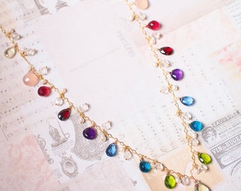 Rainbow Stones Dangling Long Necklace // 14K Gold-filled // Fun & Stunning // Statement Necklace