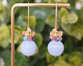 Blue Lace Agate Earrings // Rainbow Gems Cluster// Statement Earrings // 14K Gold-filled // One of kind