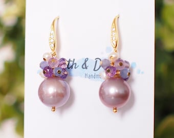 Purple Edison Pearl Earrings // Gem Cluster // Amethyst x Tanzanite x Pearls // 14K Gold-filled // Dreamy and Romantic