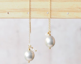 Silverish Gray Baroque Pearl Earrings // Simple Threader Earrings // 14K Gold-filled // Dangling Style // Graceful & Lovely