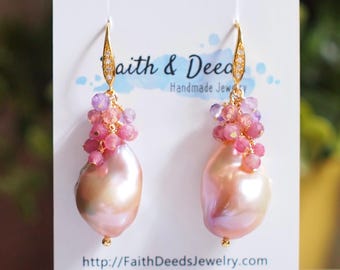 Rainbow Baroque Pearl Earrings // Gems Cluster // Flameball Pearls // Pink Gem Cluster // 14K Gold-filled