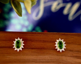 Diopside Earrings // Halo Setting // Cubic Zirconia // 14K Yellow Gold Plated Over Silver
