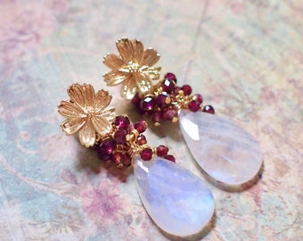 Rainbow Moonstone Earrings // Statement Earrings // Garnet Cluster // Regal & Elegant