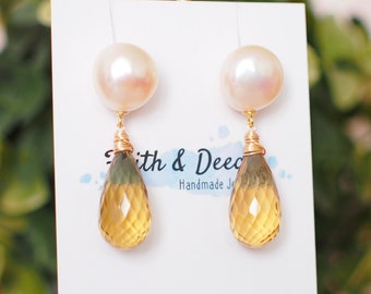 Baroque Pearl Stud Earrings // Honey Quartz Dangles // Classy & Sparkly