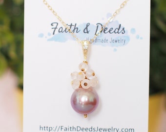 Edison Pearl Pendant // Natural Pinkish Purple // Rainbow Moonstone Cluster // 14K Gold-filled