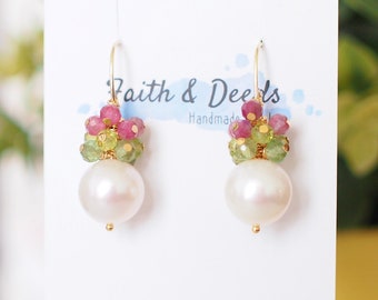 Fresh Water Pearl Earrings // Gem Cluster // Apatite x Peridot x Pink Tourmaline // 14K Gold-filled // Floral Theme