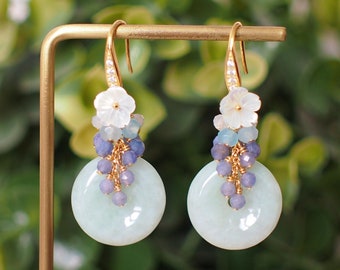 Type A Burmese Jade Donut Earrings // Gem Cluster // Mother of Pearl Flower // 14K Gold-filled // Dreamy & Romantic