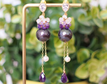 Tahitian Pearl Earrings // Natural Purple Sheen // Detachable Dangles // Amethyst x Moonstone // 14K Gold-filled // Elegant and Timeless