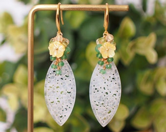 Type A White Carved Jadeite Statement Earrings // Gem Cluster // Aventurine x Peridot x Citrine Quartz // 14K Gold-filled// Modern & Elegant