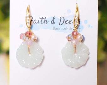 Type A Burmese Carved Jade Flower Earrings // Pastel Gem Cluster // 14K Gold-filled // Sweet & Feminine