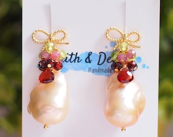 Rainbow Baroque Pearl Earrings // Gems Cluster // Flameball Pearls // 14K Gold-filled // Lovely & Charming