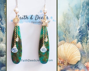 Chrysocolla Earrings // Statement Earrings // Ocean Theme // Citrine Quartz and Moonstone Dangles // 14K Gold-filled