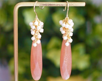 Sunstone Earrings // Statement Earrings // Pearl Cluster // 14K Gold-filled // Wire-wrapped // Elegant & Timeless