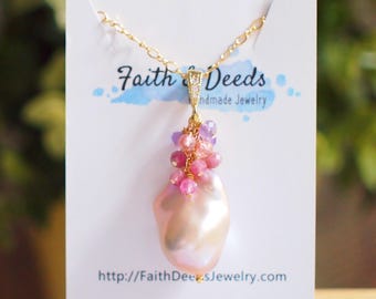 Rainbow Baroque Pearl Pendant // Flameball Pearl // Statement Necklace // Tourmaline x Strawberry Quartz x Amethyst // 14K Gold-filled
