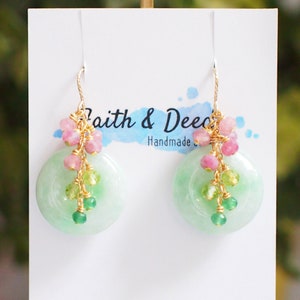 Type A Burmese Jade Donut Earrings // Gem Cluster // Pink Tourmaline x Peridot x Chalcedony // 14K Gold-filled // Feminine & Pretty