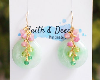 Type A Burmese Jade Donut Earrings // Gem Cluster // Pink Tourmaline x Peridot x Chalcedony // 14K Gold-filled // Feminine & Pretty