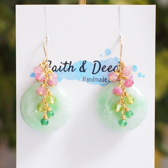 Type A Burmese Jade Donut Earrings Gem Cluster Pink Tourmaline X Peridot X Chalcedony 14K Gold filled Feminine Pretty Etsy Canada