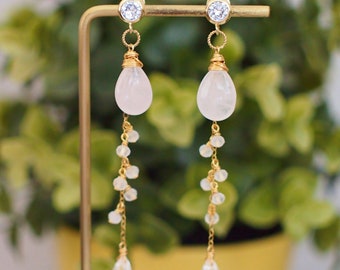 Rose Quartz Earrings // Dangling Style // Moonstones // 14K Gold-filled // Wire-wrapped // Sweet & Tasteful