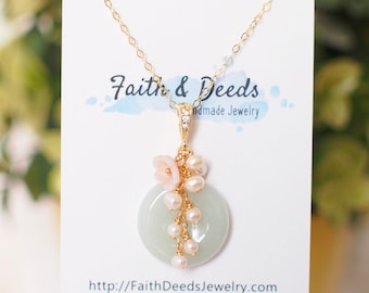 Type A Burmese Jade Donut Pendant // Pearl Cluster // Mother of Pearl Flower // 14K Gold-filled // Romantic & Graceful