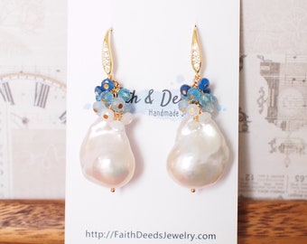 Baroque Pearl Earrings // Flameball Pearls // Aquamarine x Topaz x Chalcedony x Kyanite // 14K Gold-filled // Elegant & Timeless