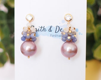 Purple Edison Pearl Earrings // Gem Cluster // Tanzanite x Labradorite x Moonstones // 14K Gold-filled // Sweet & Stunning