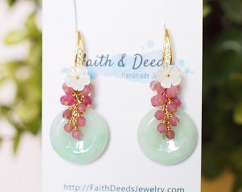 Type A Burmese Jade Donut Earrings // Pink Gem Cluster // Mother of Pearl Flower // 14K Gold-filled // Feminine & Sweet