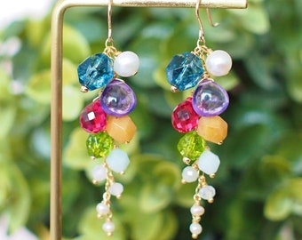 Multi Stones Dangle Earrings // Dangling Style // Rainbow Theme // Sparkly & Chic // 14K Gold-filled