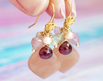 Sunstone Earrings // Gem Cluster // Dainty & Stunning // 14K Gold-filled