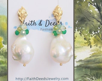 Baroque Pearl Earrings // Flameball Pearls // Green Gem Cluster // 14K Gold-filled // Stunning & Lovely