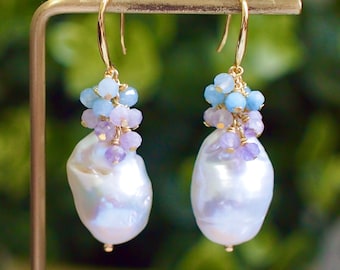 White Baroque Pearl Earrings // Flameball Pearls // Pastel Gem Cluster // Amethyst x Aquamarine // 14K Gold-filled // Sweet & Graceful