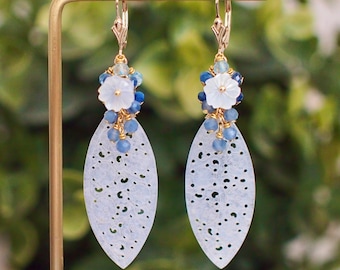 Type A White Carved Jadeite Statement Earrings // Blue Gem Cluster // 14K Gold-filled // Graceful & Regal