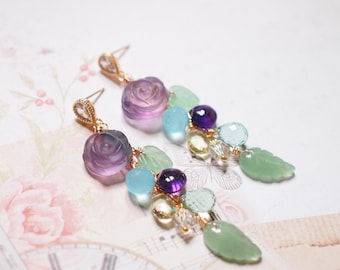 Carved Fluorite Rose x Multi Stones Earrings // Dangling Style // Statement Earrings // 14K Gold-filled