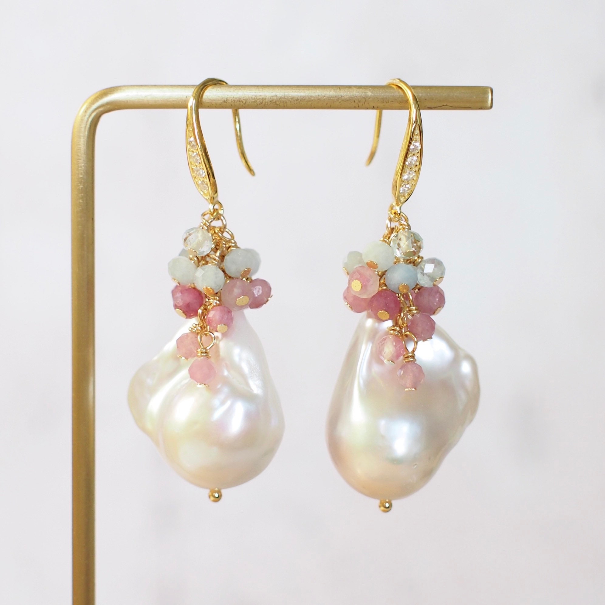 Baroque Pearl Earrings // Statement Earrings // Gems Cluster // Pink