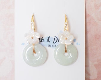 Type A Burmese Jade Donut Earrings // White Flower // 14K Gold-filled // Graceful and Gorgeous