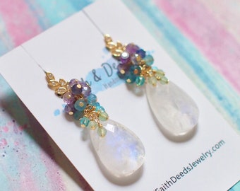 Rainbow Moonstone Earrings // Statement Earrings // Gems Cluster // Whimsical Colour // One of a Kind