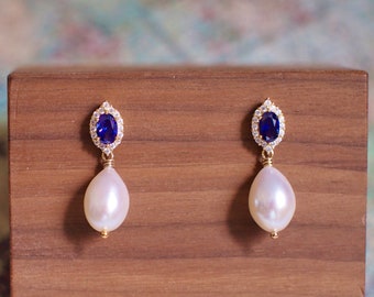 Blue Spinel x Pearl Earrings // Halo Setting // Cubic Zirconia // 14K White Gold Plated Over Silver