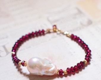 White Baroque Pearl x Garnet Bracelet // Bold & Elegant // 14K Gold-filled