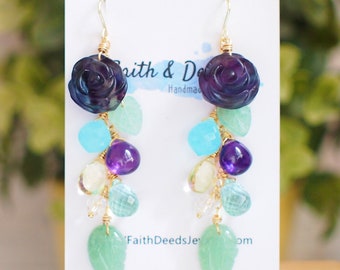 Carved Fluorite Rose x Assorted Stones Earrings // Dangling Style // Statement Earrings // 14K Gold-filled