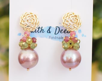Purple Edison Pearl Earrings // Gem Cluster // Apatite x Period x Pink Tourmaline // 14K Gold-filled // Spring-inspired