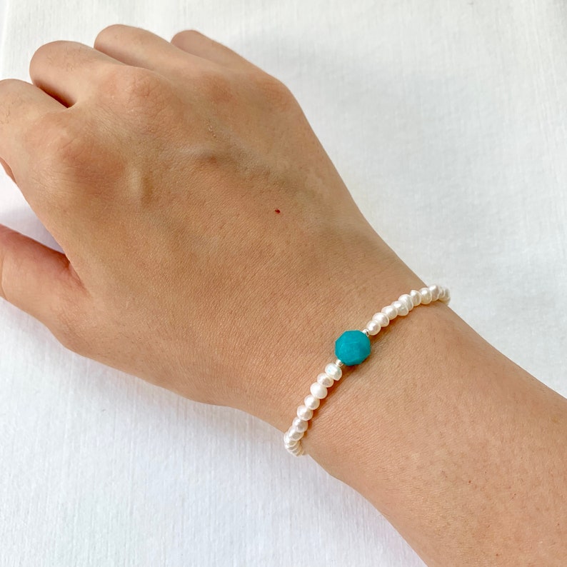 Pearl Bracelet Amazonite Charm 925 Sterling Silver Stackable Chic /& Dainty