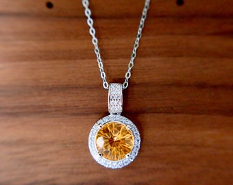 Citrine Quartz Pendant // Halo Setting // Cubic Zirconia // 18K White Gold Plated Over Silver // With Chain